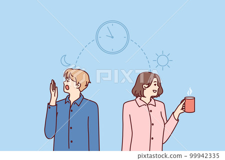 Man and woman experience problems and feel excessive fatigue in early morning or insomnia in evening Man and woman experience problems and feel excessive fatigue in early morning or insomnia in evening 99942335
