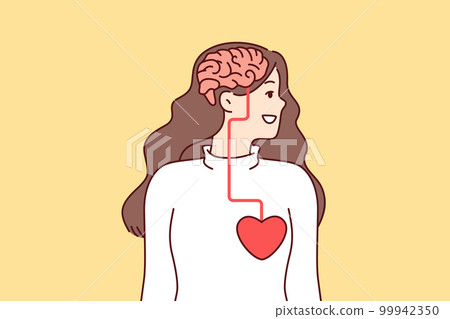 Woman looking away with visual demonstration of connection between brain and heart Woman looking away with visual demonstration of connection between brain and heart 99942350