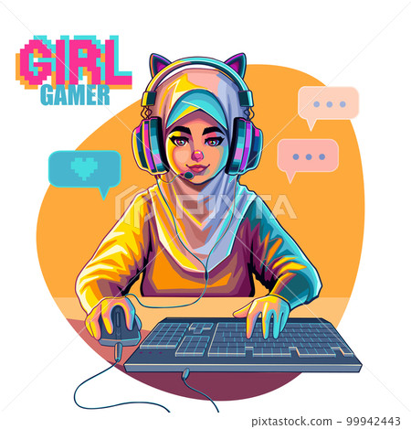 Muslim girl gamer or streamer with cat ears headset sits in front of a computer Muslim girl gamer or streamer with cat ears headset sits in front of a computer 99942443