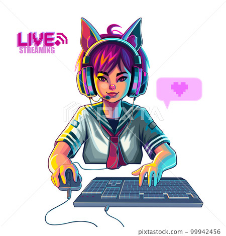 Asian girl gamer or streamer with cat ears headset sits in front of a computer 99942456