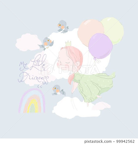 Little Cute Princess flying in the Sky with Balloons. Pastel Colors Little Cute Princess flying in the Sky with Balloons. Pastel Colors 99942562