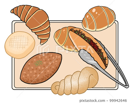 托盤、鉗子和麵包的插圖 99942646