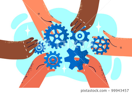 Close-up hands of company employees with variety of gears for concept of teamwork and collaboration 99943457