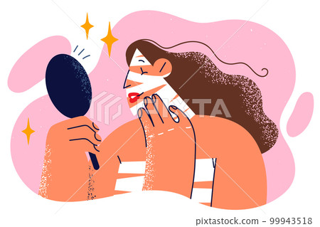 Woman with bandages on face Looks in mirror after plastic surgery done by professional surgeon Woman with bandages on face Looks in mirror after plastic surgery done by professional surgeon 99943518