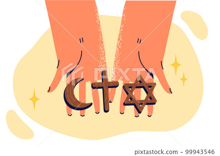 Human hands with religious amulets for believers of Islamic and Christian religion or Judaism Human hands with religious amulets for believers of Islamic and Christian religion or Judaism 99943546