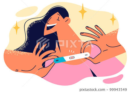 Woman holds pregnancy test with two strips indicating conception and imminent arrival of baby 99943549