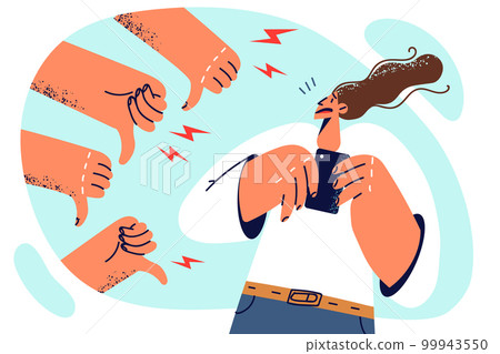 Woman blogger with phone near hands doing same thumbs down for concept cyberbullying 99943550