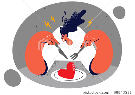 Aggressive woman sits with fork and knife in hands near plate with heart as symbol of dominance Aggressive woman sits with fork and knife in hands near plate with heart as symbol of dominance 99943551