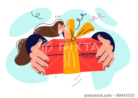 Happy woman showing off cool gift received from boyfriend or friends in honor birthday party Happy woman showing off cool gift received from boyfriend or friends in honor birthday party 99943555