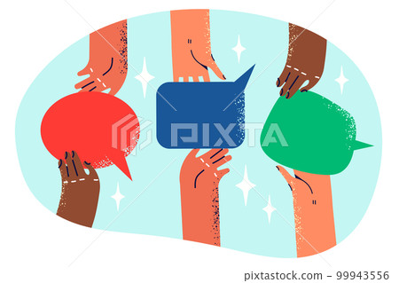 People passing dialogue bubbles from hand to hand symbolizing teamwork and brainstorming 99943556