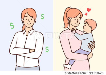 Successful businesswoman standing with arms folded near young loving mother with little baby in arms 99943628