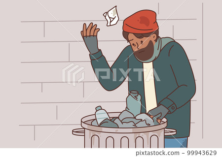Homeless man digs through garbage to find food due to poverty and social inequality or unemployment Homeless man digs through garbage to find food due to poverty and social inequality or unemployment 99943629