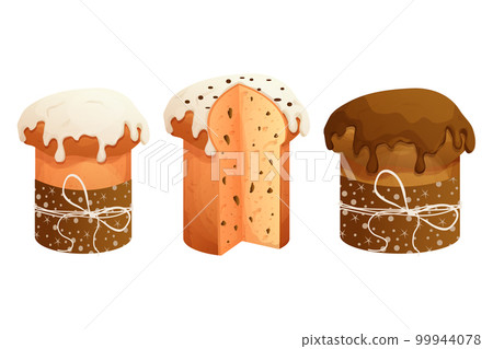 Set Panettone traditional, collection Easter cakes with glaze and decorations in cartoon style isolated on white background Set Panettone traditional, collection Easter cakes with glaze and decorations in cartoon style isolated on white background 99944078