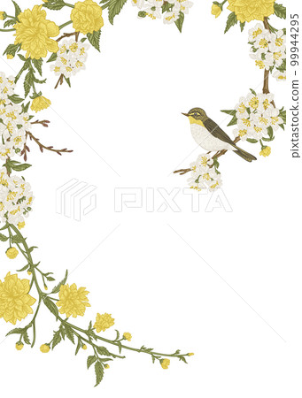 Card with branches and a bird isolated on transparent background. Garland with spring cherry and kerria flowers. Vintage wreath. Easter. Botanical illustration. Colorful. 99944295
