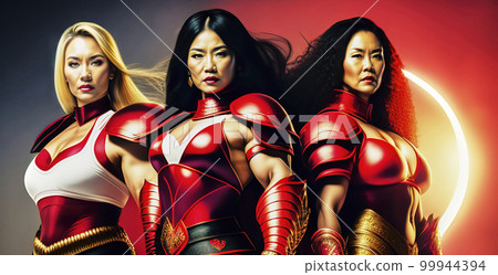Women of different ethnic origins in tight combat suits with dissatisfied expressions on their faces, made with generative AI Women of different ethnic origins in tight combat suits with dissatisfied expressions on their faces, made with generative AI 99944394