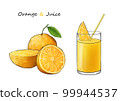 glass of orange juice and oranges 99944537