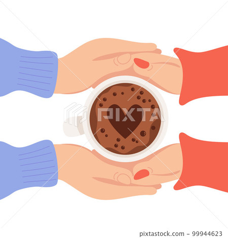Romance love. Male and female hands holding cup of coffee with foam and heart. Top view. Vector illustration. Hand drawn for design, advertising, decor, decoration, romantic postcards. 99944623