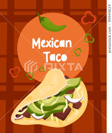 Traditional Mexican Taco. Mexican flour tortillas stuffed with meat and vegetables on red background with chili peppers. Vector vertical poster of Latin American national dish. Traditional Mexican Taco. Mexican flour tortillas stuffed with meat and vegetables on red background with chili peppers. Vector vertical poster of Latin American national dish. 99944624