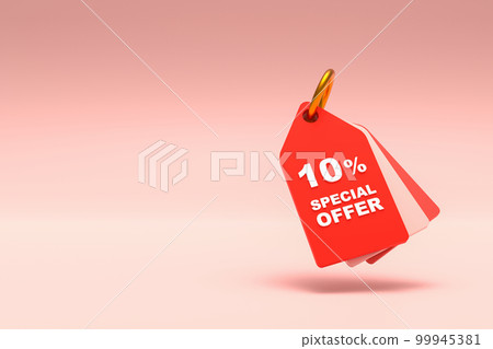 3D Rendering. Price tag with 10 percent discount and free space for texting on pastel red background. Special Offer 10% Discount Tag. Super sale offer and best seller. 99945381