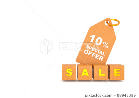 3D Rendering. Price wooden tag with 10 percent discount and free space for texting on white background. Special Offer 10% Discount Tag. Super sale offer and best seller. 99945389
