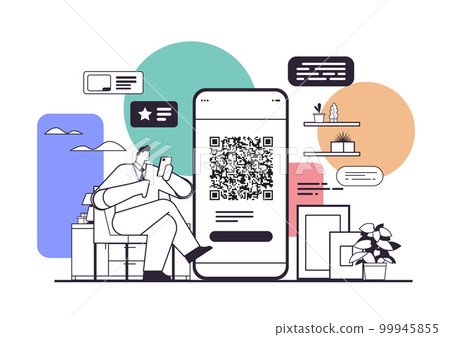 businessman scanning QR code on smartphone screen readable barcode verification concept businessman scanning QR code on smartphone screen readable barcode verification concept 99945855