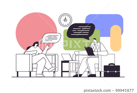 businesspeople couple with chat bubbles discussing during business meeting communication relationship concept businesspeople couple with chat bubbles discussing during business meeting communication relationship concept 99945877