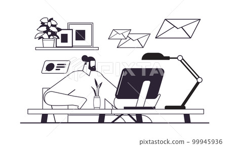 businessman freelancer sitting at workplace business man looking in computer monitor working process concept businessman freelancer sitting at workplace business man looking in computer monitor working process concept 99945936