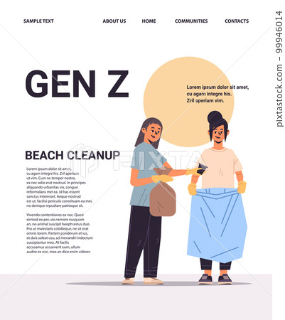 girls collecting trash into bag beach cleanup generation Z lifestyle concept new demography trend with progressive youth gen 99946014
