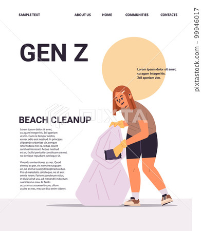 girl collecting trash into bag beach cleanup generation Z lifestyle concept new demography trend with progressive youth gen 99946017