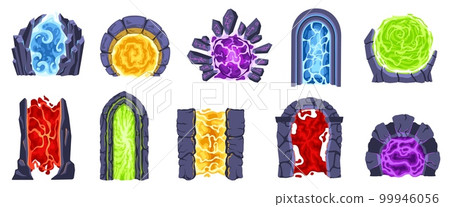 Cartoon portals. Fantasy game gate to another dimensions, magic teleport and stone arches between worlds isolated vector illustration set 99946056