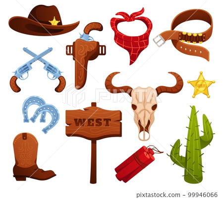 Cartoon wild west elements. Sheriff badge, revolver gun and hat. Western America cactus, dynamite and buffalo skull vector illustration set 99946066