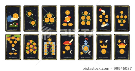 Minor arcana coins tarot cards. Suit of Ace, Knight, King, Queen and Page of Pentacles signs, esoteric stars deck vector illustration set 99946087