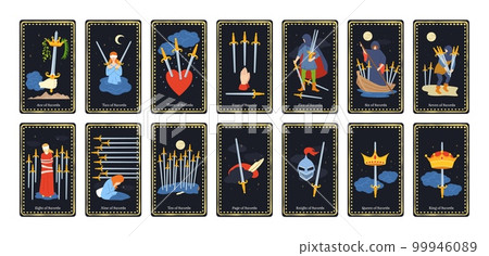 Minor arcana swords tarot cards. Occult king, queen, knight, page and ace of swords esoteric card deck for prediction vector illustrations 99946089