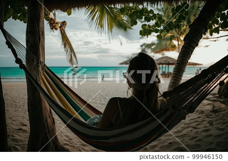 Woman relax in hammock on summer beach. Illustration AI Generative 99946150
