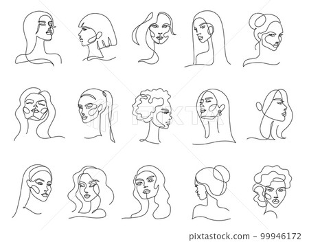 One line female portraits. Minimalist elegant and glamorous women with beautiful hair and makeup vector set One line female portraits. Minimalist elegant and glamorous women with beautiful hair and makeup vector set 99946172