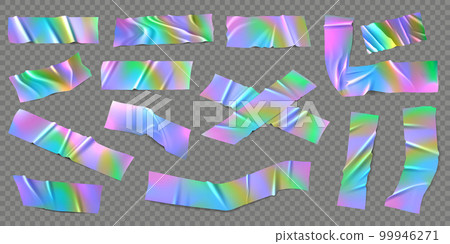 Holographic foil tape. Realistic iridescent rainbow colored adhesive tapes, holo patch decorative pieces vector set 99946271