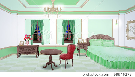 Western-style room mint night background illustration material for manga, anime, game, VTuber distribution with differences 99946272