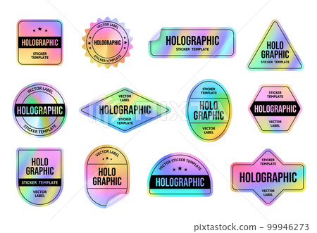 Holographic foil sticker. Holo emblem tags templates with iridescent color gradient, retro 90s vaporwave style labels vector set 99946273