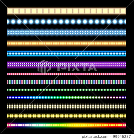 Light stripes. Glowing LED lights on tape, neon glow light effect and seamless garlands border vector set 99946287