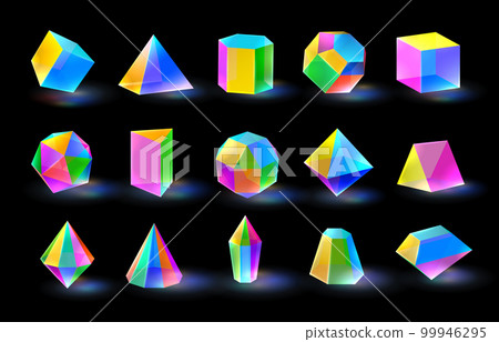 Multicolor diamond crystal shapes. Prism color glass prism different volumetric figures. Triangular, polygonal, and hexagonal crystals vector set Multicolor diamond crystal shapes. Prism color glass prism different volumetric figures. Triangular, polygonal, and hexagonal crystals vector set 99946295