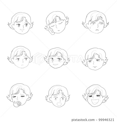Girl's face expression black and white line drawing 99946321
