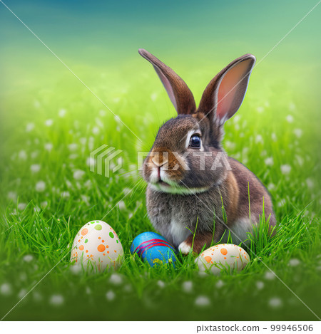 Single sedate furry Mini Rex rabbit sitting on green grass with easter eggs. Single sedate furry Mini Rex rabbit sitting on green grass with easter eggs. 99946506