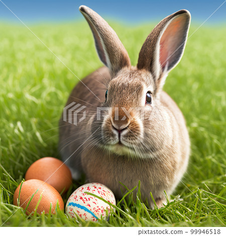 Single sedate furry New Zealand rabbit sitting on green grass with easter eggs. 99946518