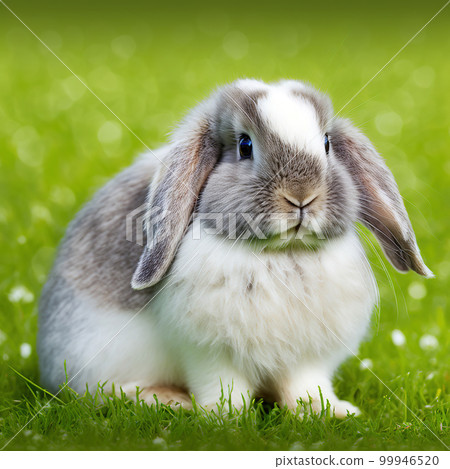 Sedate easter american fuzzy lop rabbit portrait full body in green field 99946520