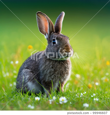 Sedate easter american sable rabbit portrait full body sitting in green field 99946607