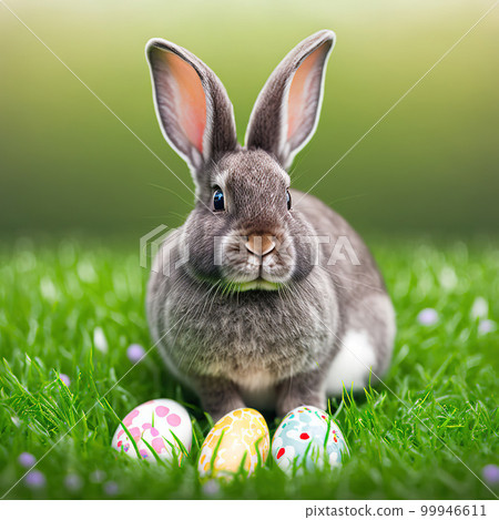 Single sedate furry Mini Rex rabbit sitting on green grass with easter eggs. 99946611