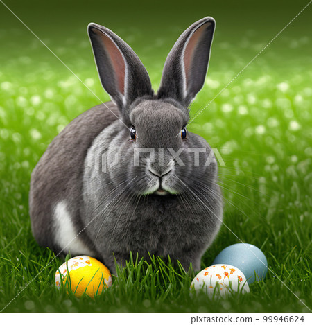 Single sedate furry Standard Chinchilla rabbit on green grass with easter eggs. 99946624