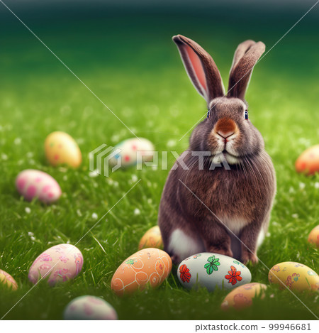 Single sedate furry Satin rabbit sitting on green grass with easter eggs. Single sedate furry Satin rabbit sitting on green grass with easter eggs. 99946681