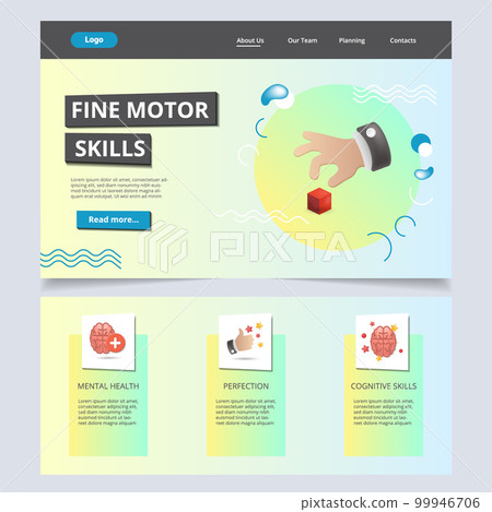 Fine motor skills flat landing page website template. Mental health, perfection, cognitive skills. Web banner with header, content and footer. Vector illustration. Fine motor skills flat landing page website template. Mental health, perfection, cognitive skills. Web banner with header, content and footer. Vector illustration. 99946706