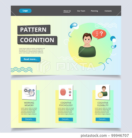 Pattern recognition flat landing page website template. Working memory, cognitive psychology, cognitive flexibility. Web banner with header, content and footer. Vector illustration. Pattern recognition flat landing page website template. Working memory, cognitive psychology, cognitive flexibility. Web banner with header, content and footer. Vector illustration. 99946707